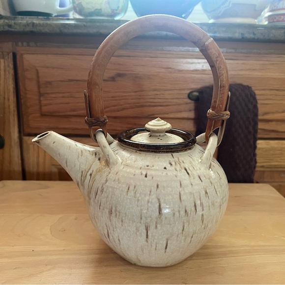 Other - Ceramic Teapot with Bamboo Handle - Speckled Cream and Brown